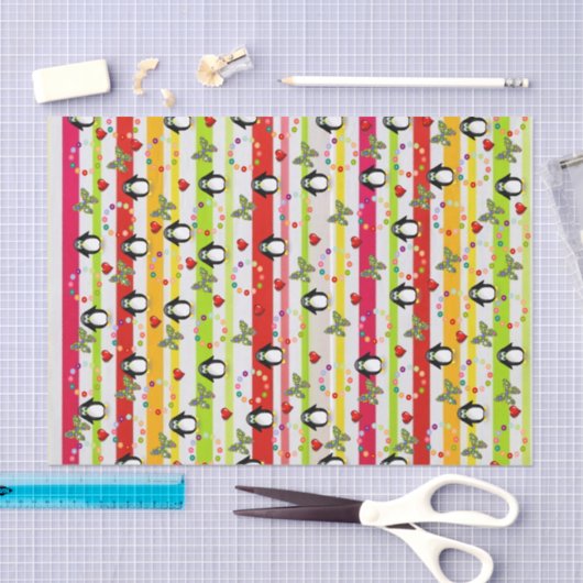 Papier Mousseline Papier Tissu Pingouin Coeurs rouges (Artisanat)