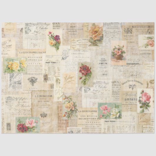 Papier Mousseline Papier Tissu Romantique Distressed Rose & Ephemera (Recto)