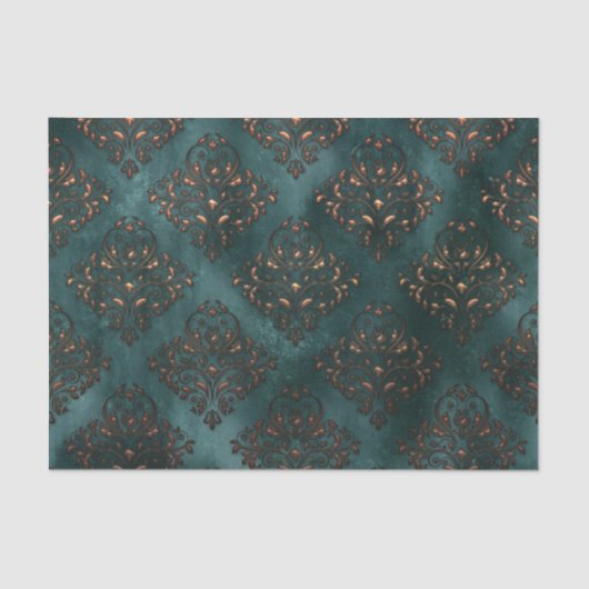 Papier Mousseline Papier Tissu Turquoise Patina et Rust Damask (Recto)