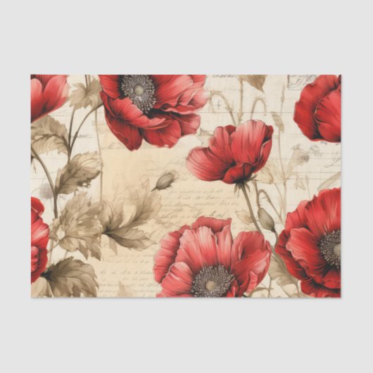 Papier Mousseline Papier Tissu vintage Inspiré Red Poppies (Recto)