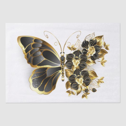 Papier Mousseline Papillon à fleurs d'or avec orchidée noire (Recto)