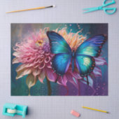 Papier Mousseline Papillon bleu et Dahlia (Artisanat)