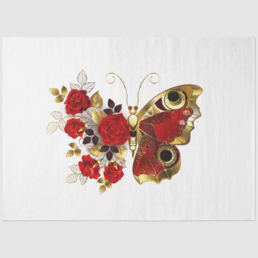 Papier Mousseline Papillon de fleurs rouges aux roses rouges (Recto)