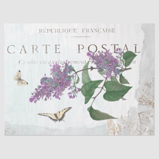 Papier Mousseline Papillon Fleur Lilac Carte Postale Bleu Peint (Recto)