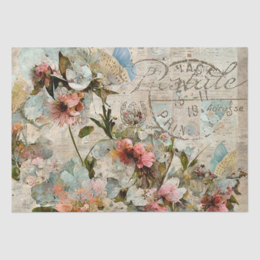 Papier Mousseline Papillon Fleur Shabby Collage Postale Découpage (Recto)