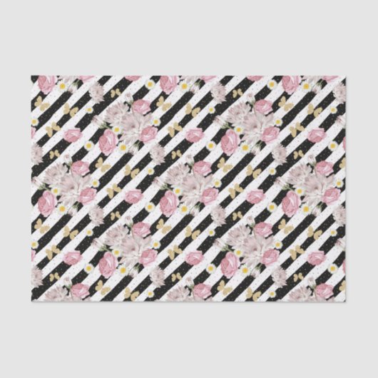 Papier Mousseline Papillon Rose Marguerite Fleur Black White Rayure (Recto)