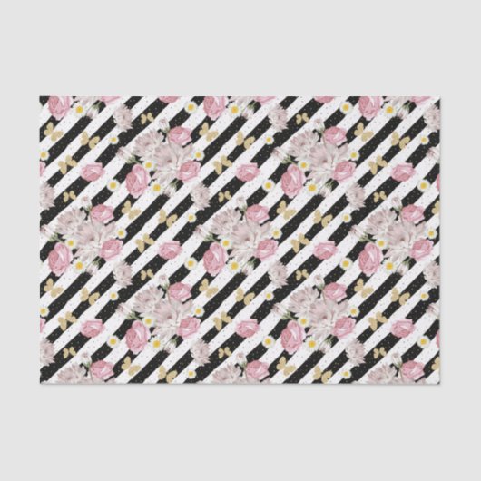 Papier Mousseline Papillon Rose Marguerite Floral Rayure Noir Blanc (Recto)