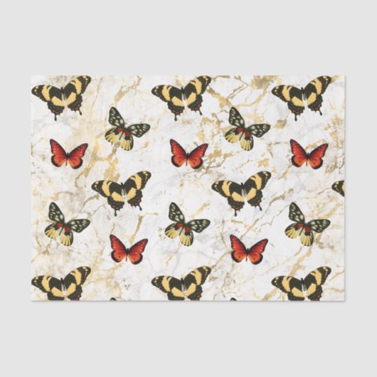 Papier Mousseline Papillon sur le marbre blanc et or, Découpage (Recto)