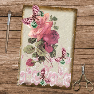 Papier Mousseline Papillons aux roses roses antiques et dentelle