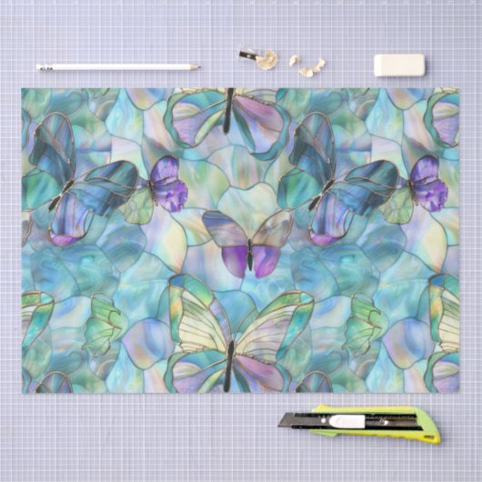 Papier Mousseline Papillons bleu pourpre turquoise (Artisanat)