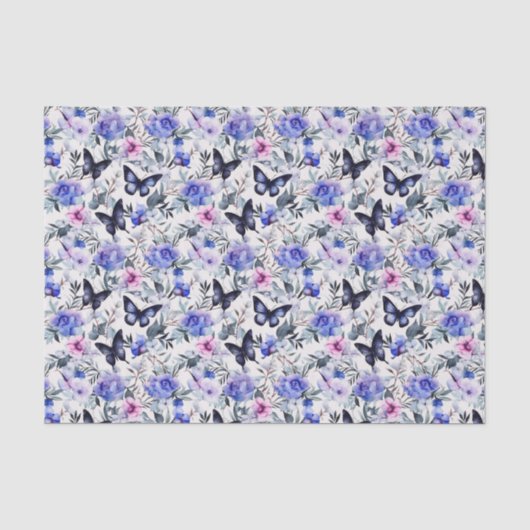 Papier Mousseline Papillons bleus et fleurs (Recto)
