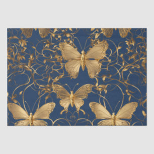 Papier Mousseline Papillons bleus métalliques avec Vins d'or