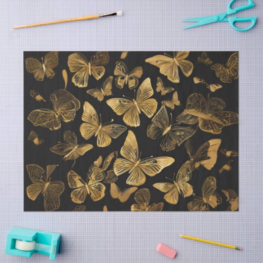 Papier Mousseline Papillons d'or en noir (Artisanat)