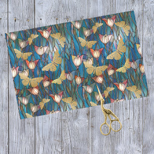 Papier Mousseline Papillons d'or Vitrail Art Nouveau Fleurs