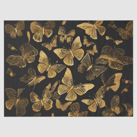 Papier Mousseline Papillons dorés sur fond noir (Recto)