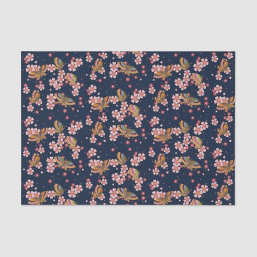 Papier Mousseline Papillons et Cherry Blossom Douches Dusky Blue (Recto)