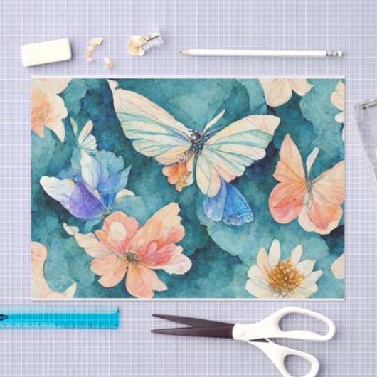 Papier Mousseline Papillons et fleurs aquarelles (Artisanat)