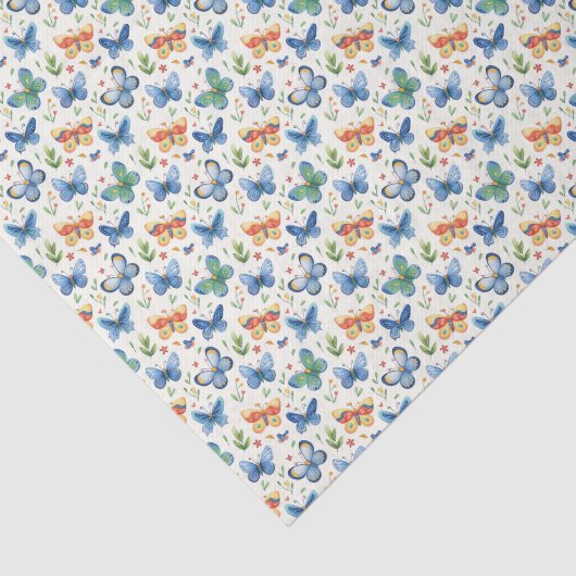 Papier Mousseline Papillons et fleurs bleu jaune vert (Détail)