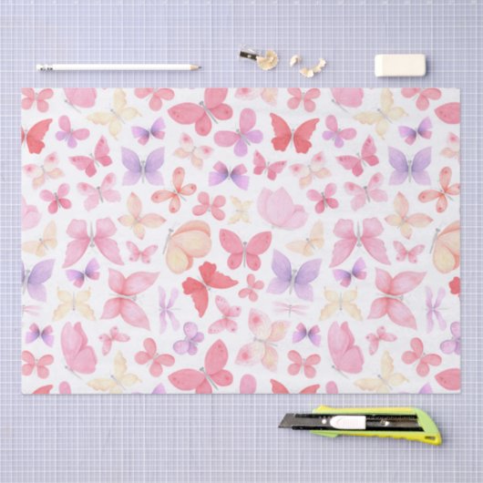 Papier Mousseline Papillons rose violet jaune (Artisanat)