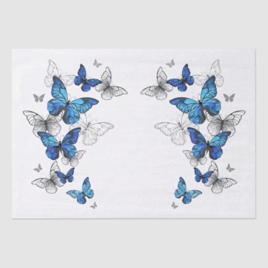 Papier Mousseline Papillons volants bleus Morpho (Recto)