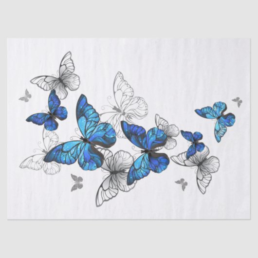 Papier Mousseline Papillons volants bleus Morpho (Recto)
