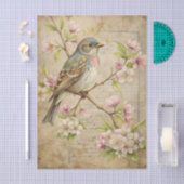 Papier Mousseline Parchment with Bird on Branch with Pink Blossoms (Artisanat)