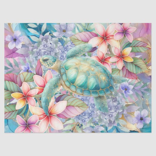 Papier Mousseline Pastel Aquarelle Florale Tortue de mer Découpage (Recto)