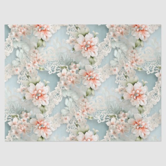 Papier Mousseline Pastel Blue & Rose Victorian Flores & Dentelles (Recto)