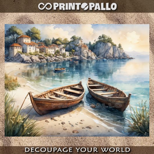 Papier Mousseline Pastel de 2 bateaux à rames en vue côtière