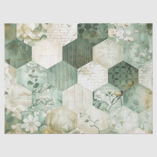 Papier Mousseline Patchwork Botanique Hexagonal Vintage (Recto)