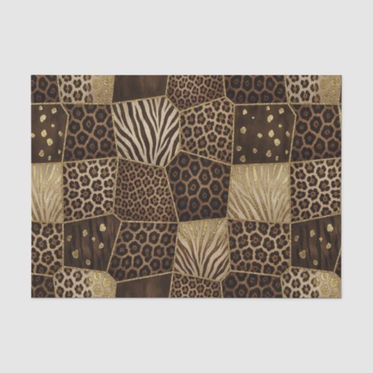 Papier Mousseline Patchwork Imprimé Animalier Africain | Marron & Or (Recto)