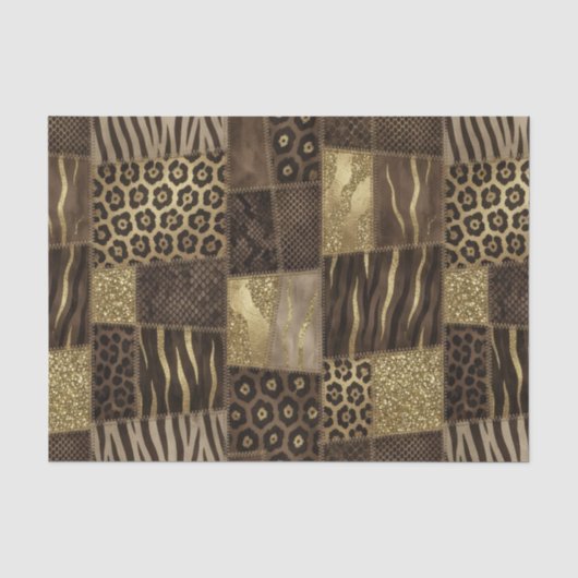 Papier Mousseline Patchwork Imprimé Animalier Africain | Marron & Or (Recto)