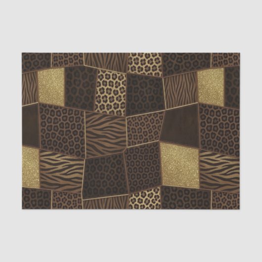 Papier Mousseline Patchwork Imprimé Animalier Africain | Marron & Or (Recto)