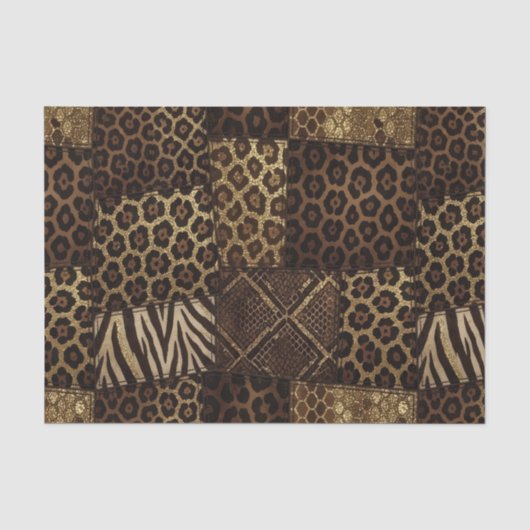 Papier Mousseline Patchwork Imprimé Animalier Africain | Marron & Or (Recto)