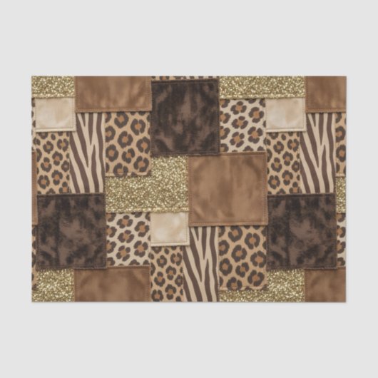 Papier Mousseline Patchwork Imprimé Animalier Africain | Marron & Or (Recto)