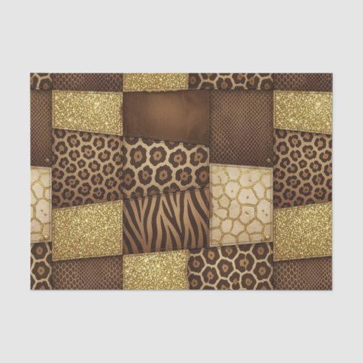 Papier Mousseline Patchwork Imprimé Animalier Africain | Marron & Or (Recto)