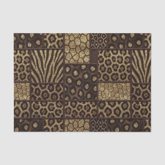 Papier Mousseline Patchwork Imprimé Animalier Africain | Marron & Or (Recto)