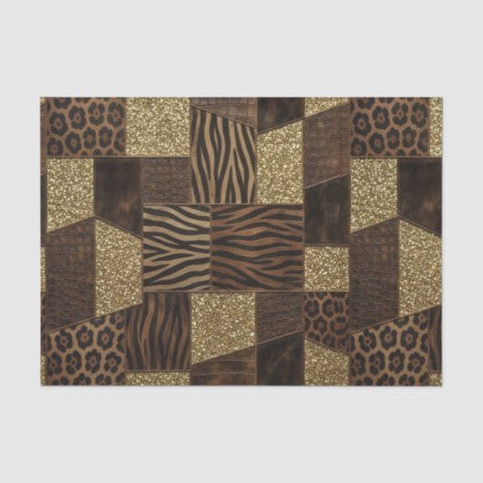 Papier Mousseline Patchwork Imprimé Animalier Africain | Marron & Or (Recto)
