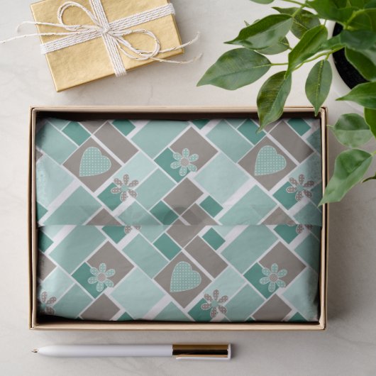 Papier Mousseline Patchwork marron turquoise de carrés (Cadeau)