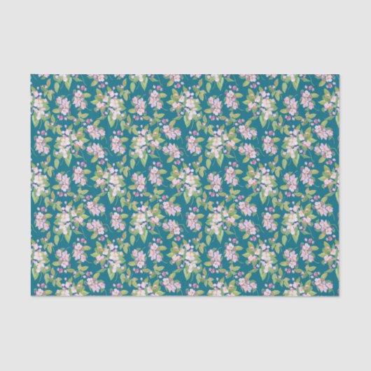 Papier Mousseline Patte florale rose fleur pomme sur bleu foncé (Recto)