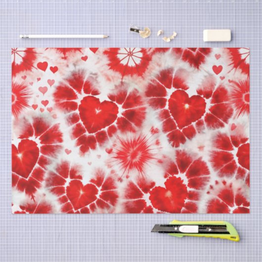 Papier Mousseline Pattern Tie Dye Red Hearts (Artisanat)