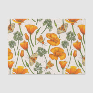 Papier Mousseline Pavot de Californie et papillons de nuit sur blanc