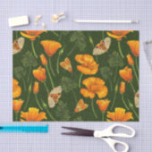 Papier Mousseline Pavot de Californie et papillons de nuit sur vert  (Artisanat)