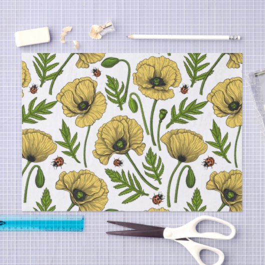Papier Mousseline Pavot jaune et coccinelle (Artisanat)