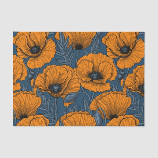 Papier Mousseline Pavot orange sur bleu foncé (Recto)