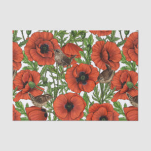 Papier Mousseline Pavot rouge et brindilles, feuilles verts sur blan