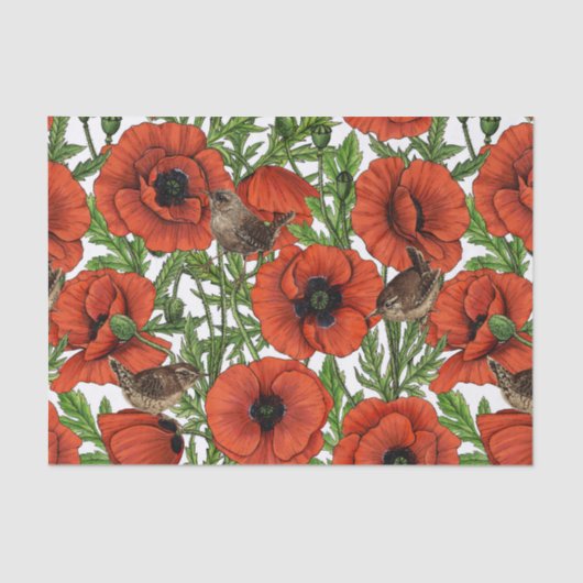 Papier Mousseline Pavot rouge et brindilles, feuilles verts sur blan (Recto)