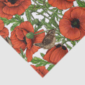 Papier Mousseline Pavot rouge et brindilles, feuilles verts sur blan (Détail)