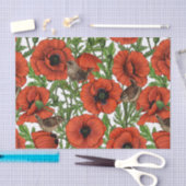 Papier Mousseline Pavot rouge et brindilles, feuilles verts sur blan (Artisanat)
