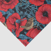 Papier Mousseline Pavot rouge et brunes, feuilles bleus sur noir (Détail)